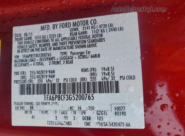 1FA6P8CF3G5200765 2016 FORD MUSTANG Red Widok naklejki z numerem VIN