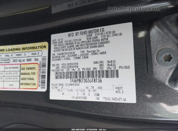 1FA6P8CF3G5318136 2016 FORD MUSTANG Gray Vista del compartimento del motor