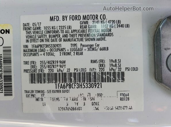 1FA6P8CF3H5330921 2017 FORD MUSTANG White Widok komory silnika