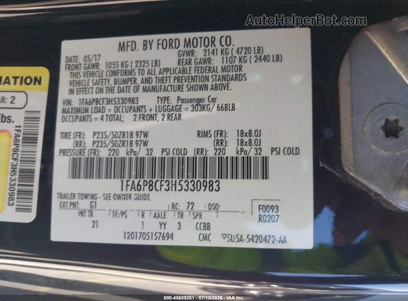 1FA6P8CF3H5330983 2017 FORD MUSTANG Black Widok komory silnika