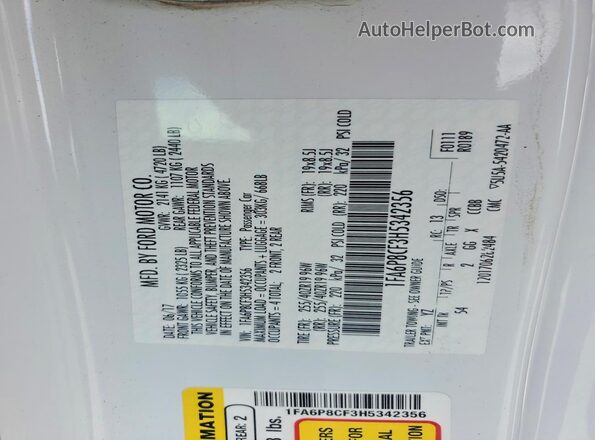 1FA6P8CF3H5342356 2017 FORD MUSTANG White ძრავის განყოფილების ხედი