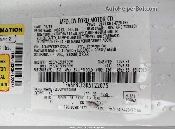 1FA6P8CF3K5122075 2019 FORD MUSTANG Белый Вид подкапотного пространства