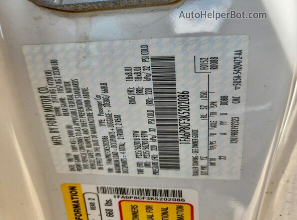 1FA6P8CF3K5202086 2019 FORD MUSTANG White VIN კოდის სტიკერის ხედი