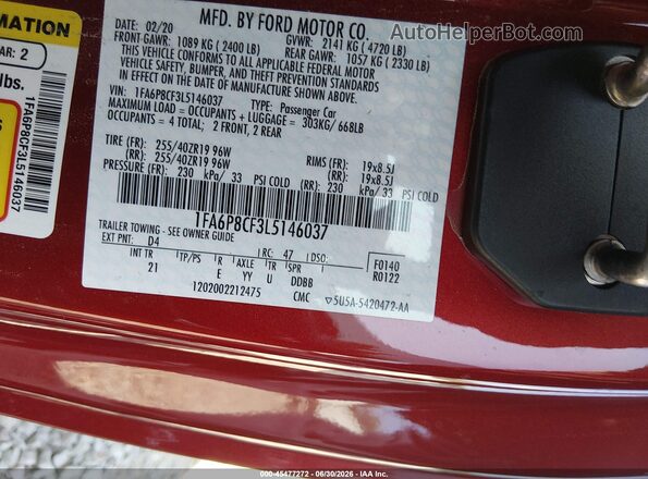 1FA6P8CF3L5146037 2020 FORD MUSTANG Red Вид підкапотного простору
