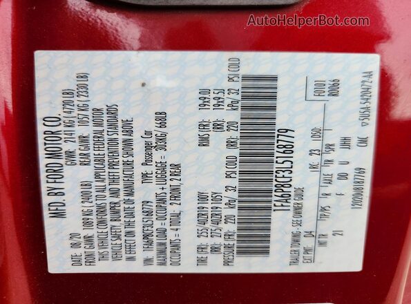 1FA6P8CF3L5168779 2020 FORD MUSTANG Red Շարժիչի բաժամունքի տեսք