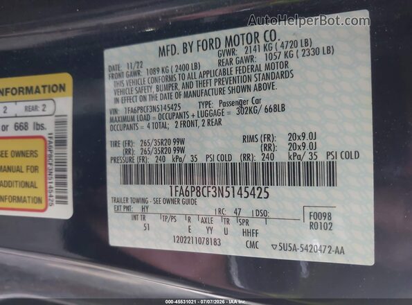 1FA6P8CF3N5145425 2022 FORD MUSTANG Черный Вид подкапотного пространства