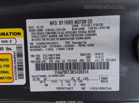 1FA6P8CF3R5420314 2024 FORD MUSTANG Gray Widok komory silnika