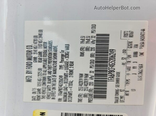 1FA6P8CF4G5206249 2016 FORD MUSTANG White Widok naklejki z numerem VIN