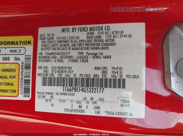 1FA6P8CF4G5322177 2016 FORD MUSTANG Red Widok komory silnika