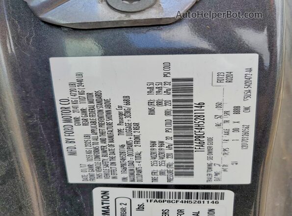 1FA6P8CF4H5281146 2017 FORD MUSTANG Gray ძრავის განყოფილების ხედი