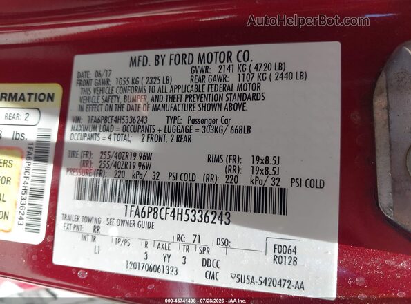 1FA6P8CF4H5336243 2017 FORD MUSTANG Red Widok komory silnika