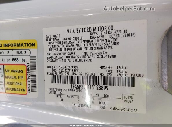 1FA6P8CF4J5128899 2018 FORD MUSTANG White Շարժիչի բաժամունքի տեսք