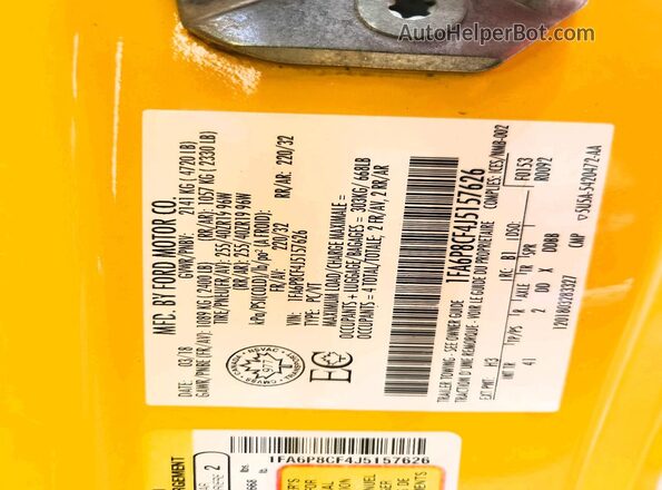 1FA6P8CF4J5157626 2018 FORD MUSTANG Yellow Vista de la etiqueta del VIN