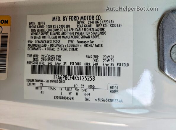 1FA6P8CF4K5125258 2019 FORD MUSTANG Белый Вид подкапотного пространства