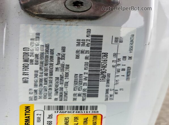1FA6P8CF4K5161368 2019 FORD MUSTANG White Vista del compartimento del motor