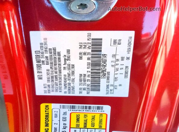 1FA6P8CF4R5407149 2024 FORD MUSTANG Red VIN კოდის სტიკერის ხედი
