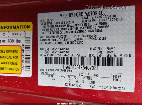 1FA6P8CF4R5407281 2024 FORD MUSTANG Красный Вид подкапотного пространства