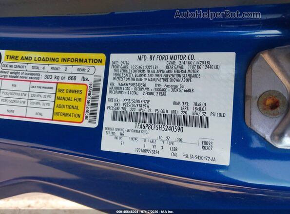 1FA6P8CF5H5240590 2017 FORD MUSTANG Синий Вид подкапотного пространства