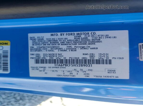 1FA6P8CF5H5289031 2017 FORD MUSTANG Blue VIN կոդի պիտակի տեսք