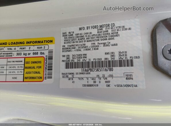 1FA6P8CF5K5116780 2019 FORD MUSTANG White Widok komory silnika