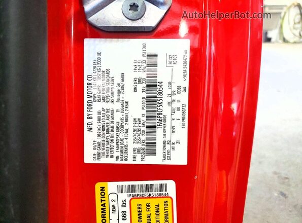 1FA6P8CF5K5180544 2019 FORD MUSTANG Red Engine compartment view