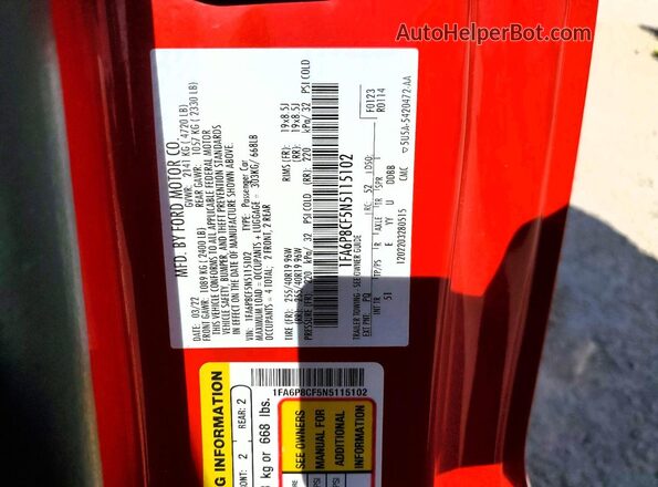 1FA6P8CF5N5115102 2022 FORD MUSTANG Red ძრავის განყოფილების ხედი