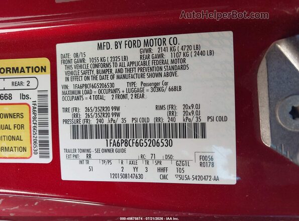 1FA6P8CF6G5206530 2016 FORD MUSTANG Red Widok komory silnika