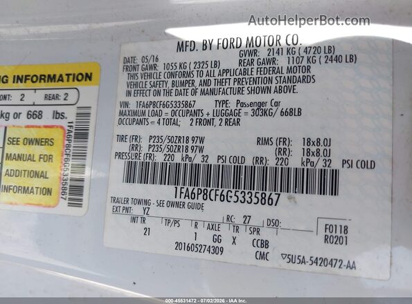 1FA6P8CF6G5335867 2016 FORD MUSTANG White Widok komory silnika