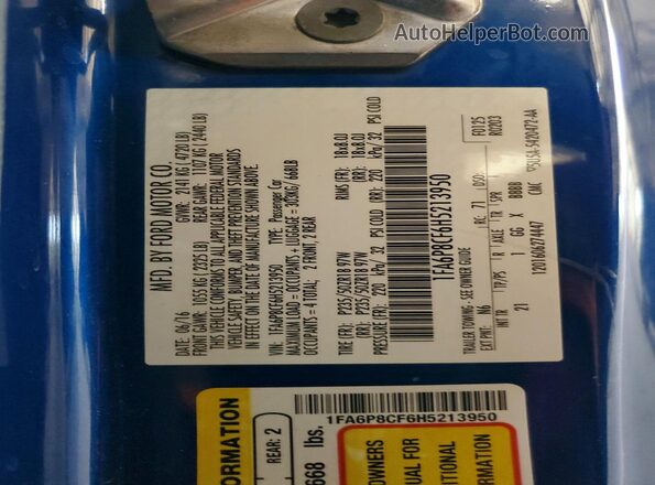 1FA6P8CF6H5213950 2017 FORD MUSTANG Blue Widok naklejki z numerem VIN