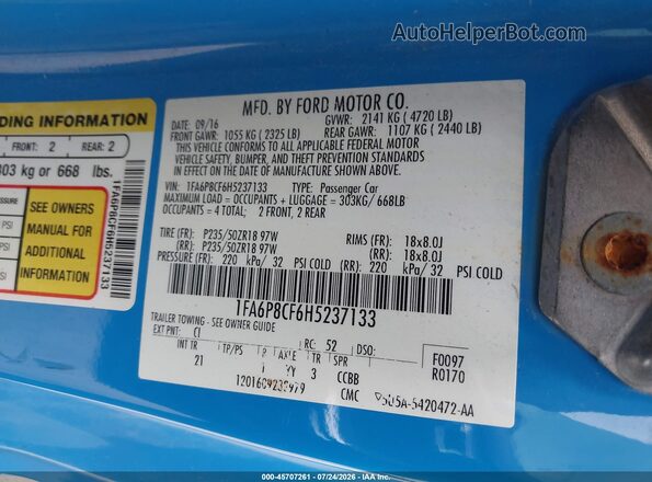 1FA6P8CF6H5237133 2017 FORD MUSTANG Blue Շարժիչի բաժամունքի տեսք