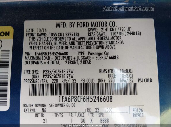 1FA6P8CF6H5246608 2017 FORD MUSTANG Blue Вид підкапотного простору