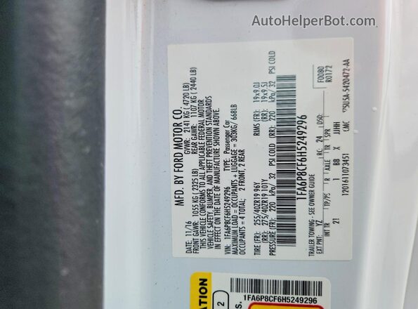 1FA6P8CF6H5249296 2017 FORD MUSTANG Белый Вид наклейки с VIN-кодом
