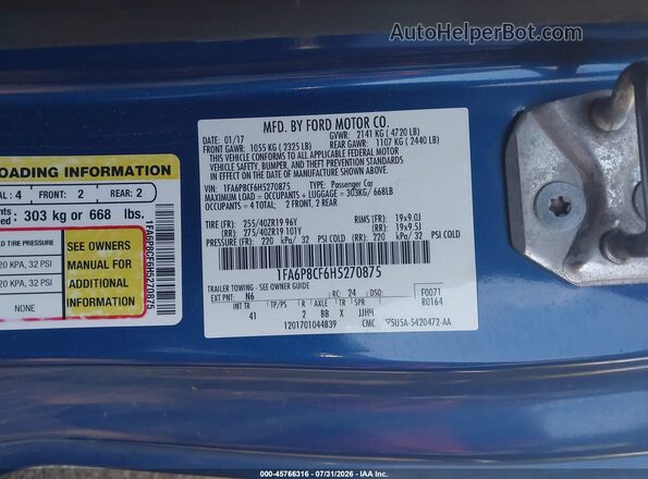 1FA6P8CF6H5270875 2017 FORD MUSTANG Blue Vista del compartimento del motor