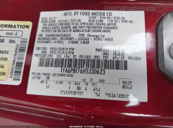 1FA6P8CF6H5330623 2017 FORD MUSTANG Red Vista del compartimento del motor