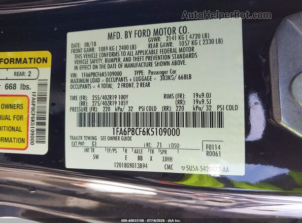 1FA6P8CF6K5109000 2019 FORD MUSTANG Черный Вид подкапотного пространства