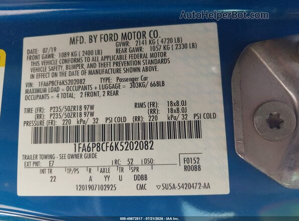 1FA6P8CF6K5202082 2019 FORD MUSTANG Blue Вид підкапотного простору