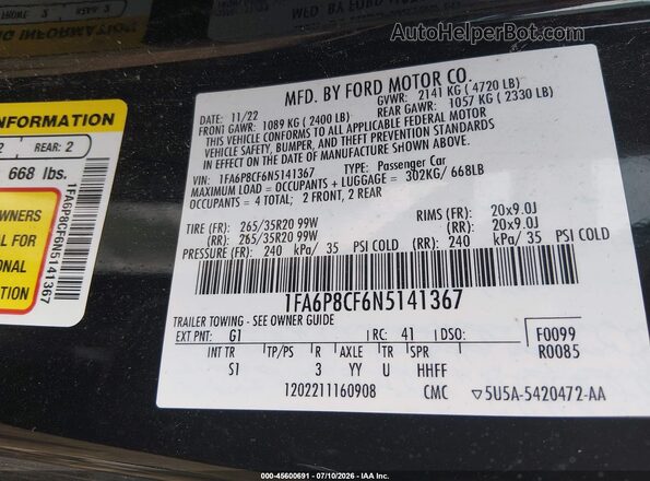 1FA6P8CF6N5141367 2022 FORD MUSTANG Black Շարժիչի բաժամունքի տեսք