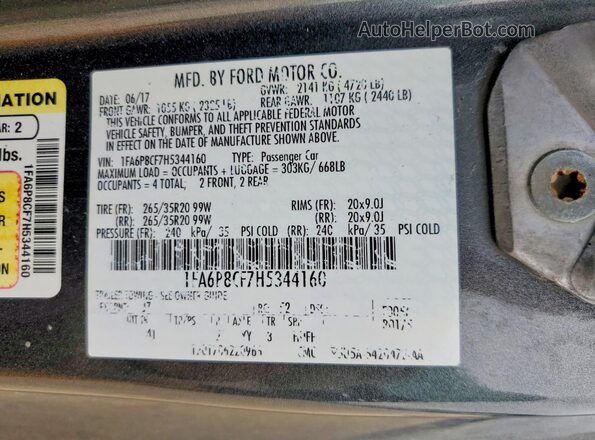 1FA6P8CF7H5344160 2017 FORD MUSTANG Gray Vista del compartimento del motor