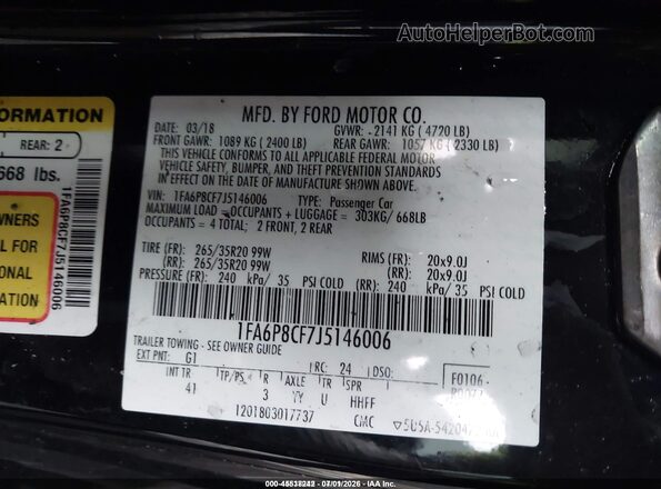 1FA6P8CF7J5146006 2018 FORD MUSTANG Black Вид підкапотного простору