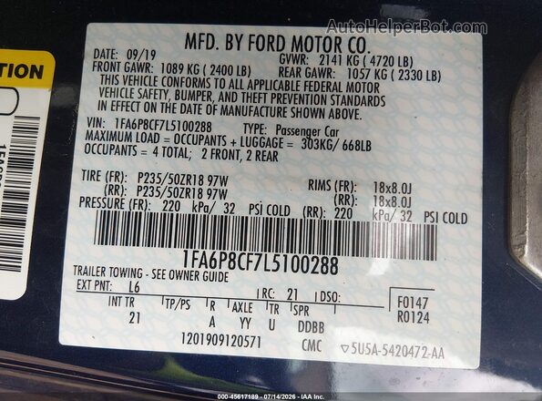 1FA6P8CF7L5100288 2020 FORD MUSTANG Navy ძრავის განყოფილების ხედი