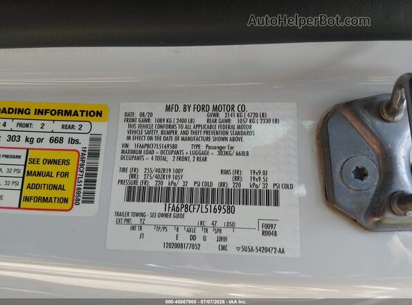 1FA6P8CF7L5169580 2020 FORD MUSTANG White Вид підкапотного простору