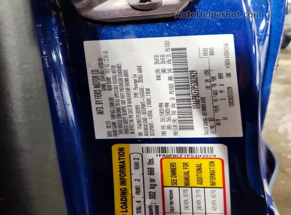 1FA6P8CF7P5303929 2023 FORD MUSTANG Blue Вид наклейки з VIN-кодом
