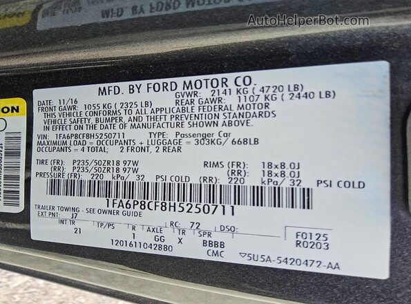 1FA6P8CF8H5250711 2017 FORD MUSTANG Charcoal VIN կոդի պիտակի տեսք