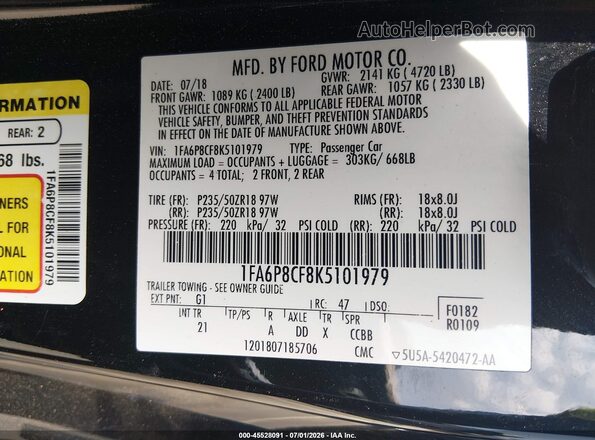1FA6P8CF8K5101979 2019 FORD MUSTANG Черный Вид подкапотного пространства