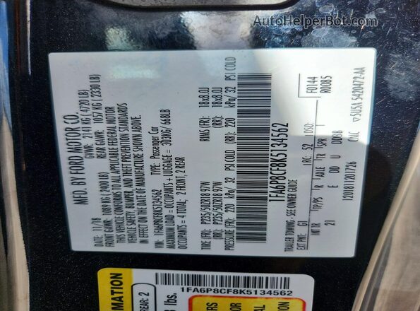 1FA6P8CF8K5134562 2019 FORD MUSTANG Black Widok komory silnika