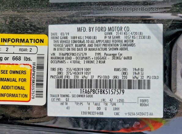 1FA6P8CF8K5157579 2019 FORD MUSTANG Черный Вид подкапотного пространства