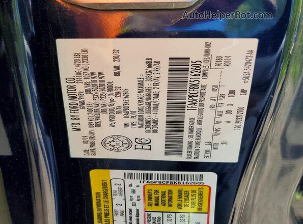 1FA6P8CF8K5162605 2019 FORD MUSTANG Blue Vista del compartimento del motor