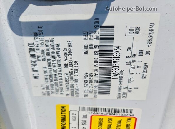 1FA6P8CF8M5133754 2021 FORD MUSTANG Белый Вид подкапотного пространства