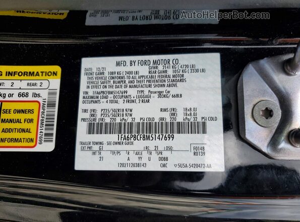 1FA6P8CF8M5147699 2021 FORD MUSTANG Black ძრავის განყოფილების ხედი
