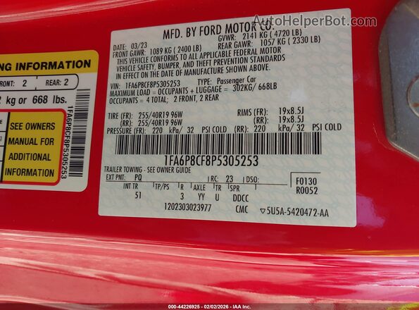 1FA6P8CF8P5305253 2023 FORD MUSTANG Red Շարժիչի բաժամունքի տեսք